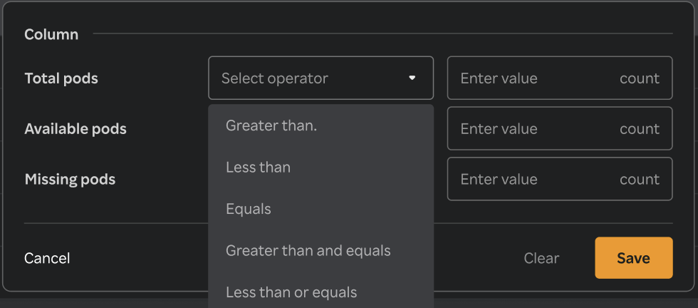 k8 daemonset table multi-column filter