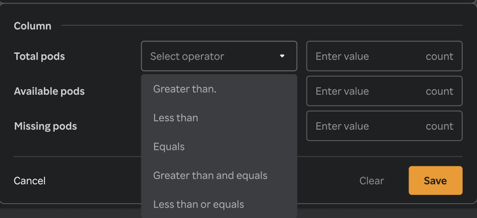 k8 deployment table multi-column filter