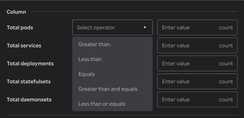 k8 namespace table multi-column filter