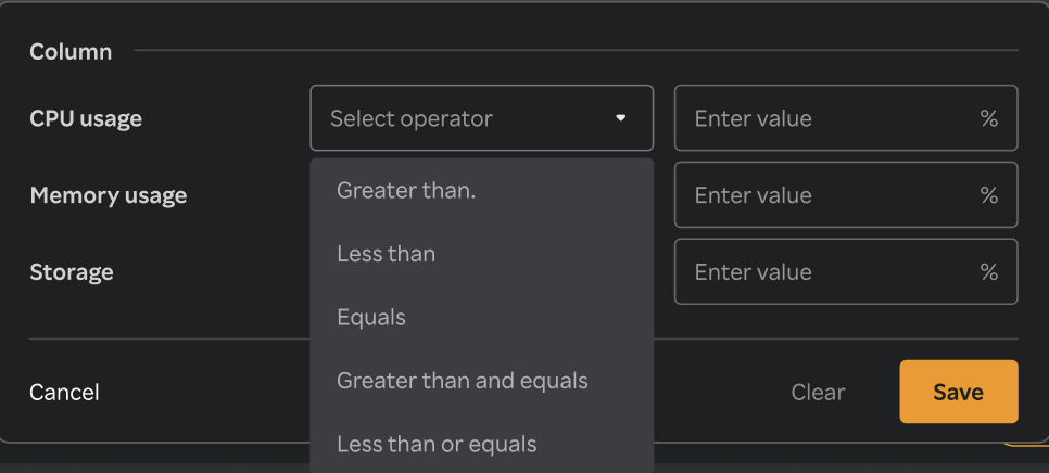 k8 nodes table multi-column filter
