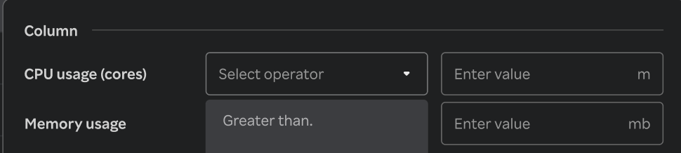 k8 pods table multi-column filter