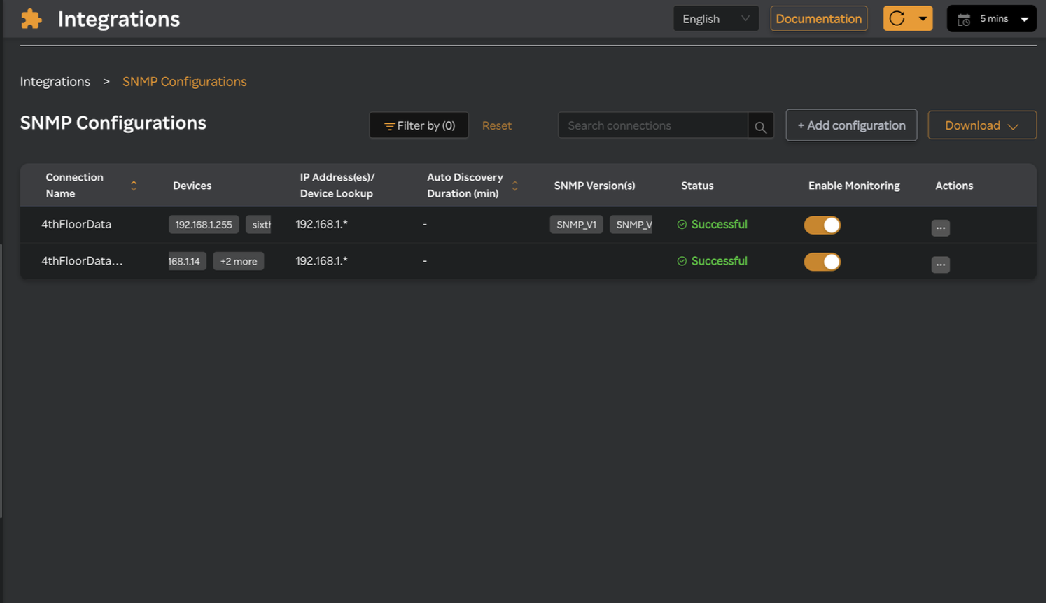 SNMP Configurations page
