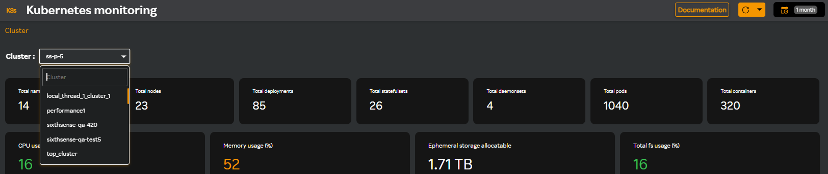 Kubernetes cluster drop-down