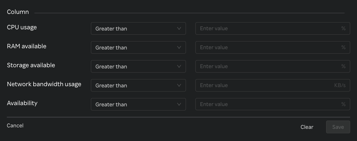 VM Monitoring table multi-column filter